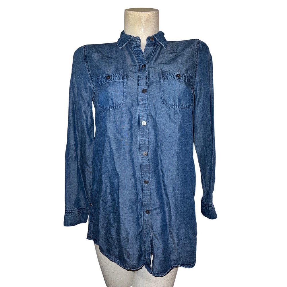 J. Jill Denim Tunic Top Womens XS Blue Chambray‎ Long Sleeve Side Button Shirt